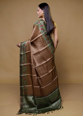 Brown Handloom Tussar Pure Silk Saree With Blouse Piece