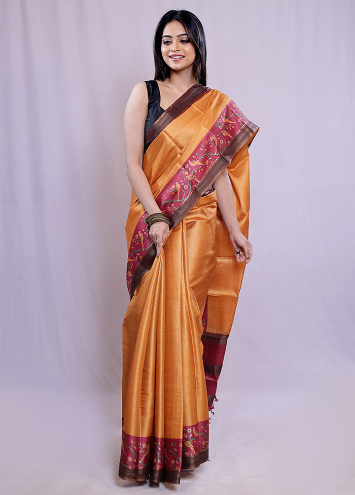 Peach Tussar Pure Silk Saree With Blouse Piece - Indian Silk House Agencies