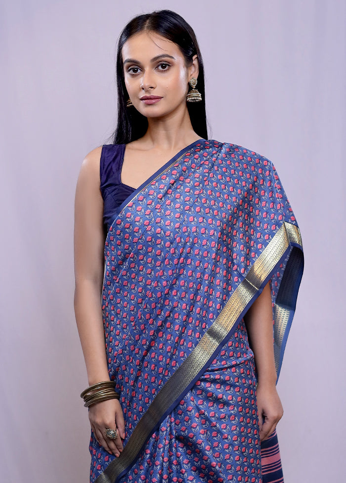 Blue Printed Pure Silk Saree With Blouse Piece - Indian Silk House Agencies