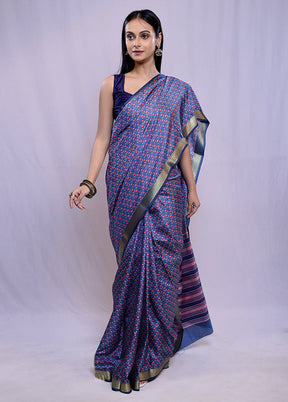 Blue Printed Pure Silk Saree With Blouse Piece - Indian Silk House Agencies