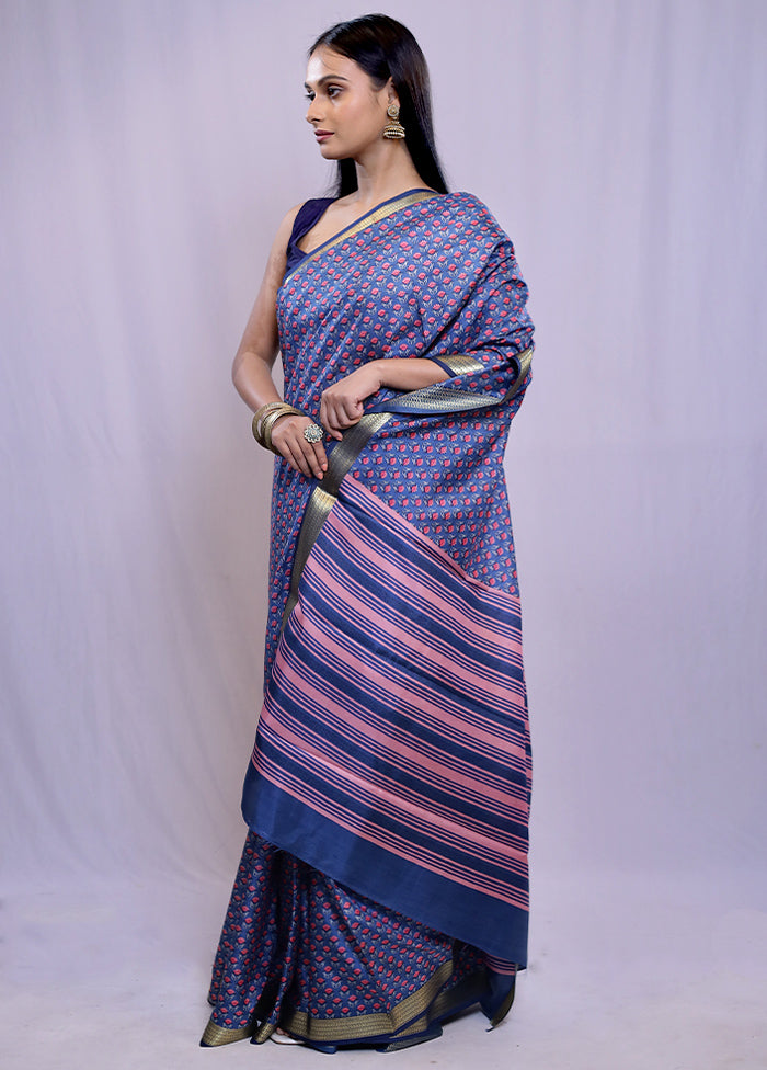 Blue Printed Pure Silk Saree With Blouse Piece - Indian Silk House Agencies