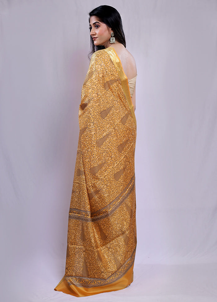 Yellow Printed Pure Silk Saree With Blouse Piece - Indian Silk House Agencies