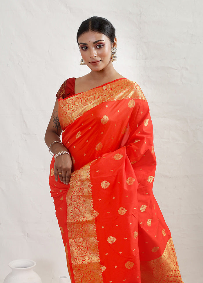 Orange Kanjivaram Silk Saree With Blouse Piece - Indian Silk House Agencies