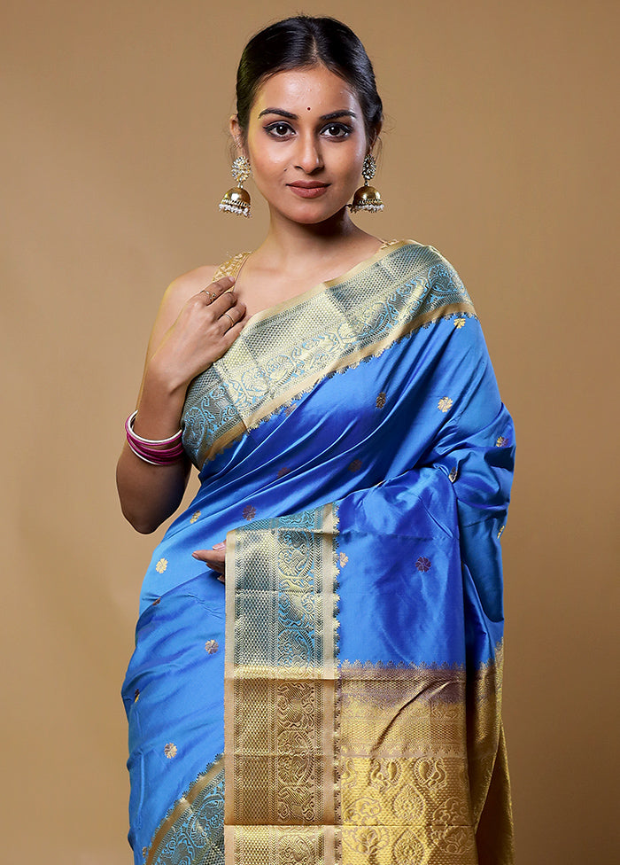 Blue Kanjivaram Silk Saree With Blouse Piece