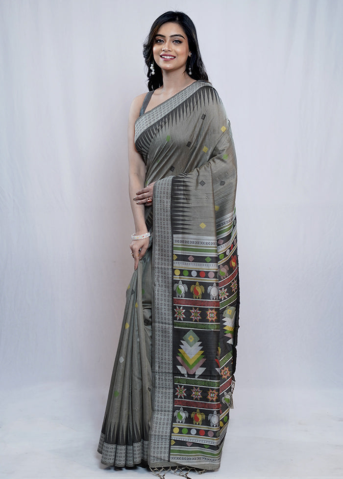 Grey Tussar Silk Saree With Blouse Piece - Indian Silk House Agencies