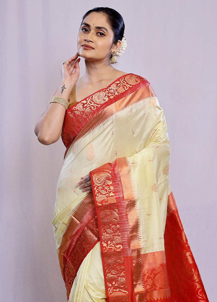 Cream Kanjivaram Pure Silk Saree With Blouse Piece - Indian Silk House Agencies