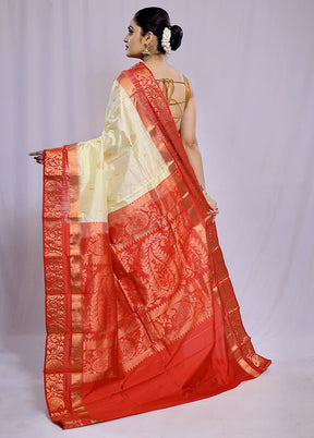 Cream Kanjivaram Pure Silk Saree With Blouse Piece - Indian Silk House Agencies