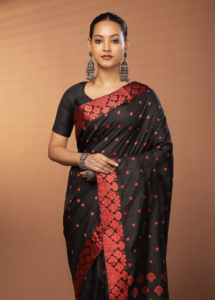 Black Handloom Assam Pure Silk Saree With Blouse Piece