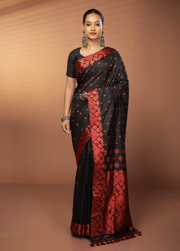 Black Handloom Assam Pure Silk Saree With Blouse Piece