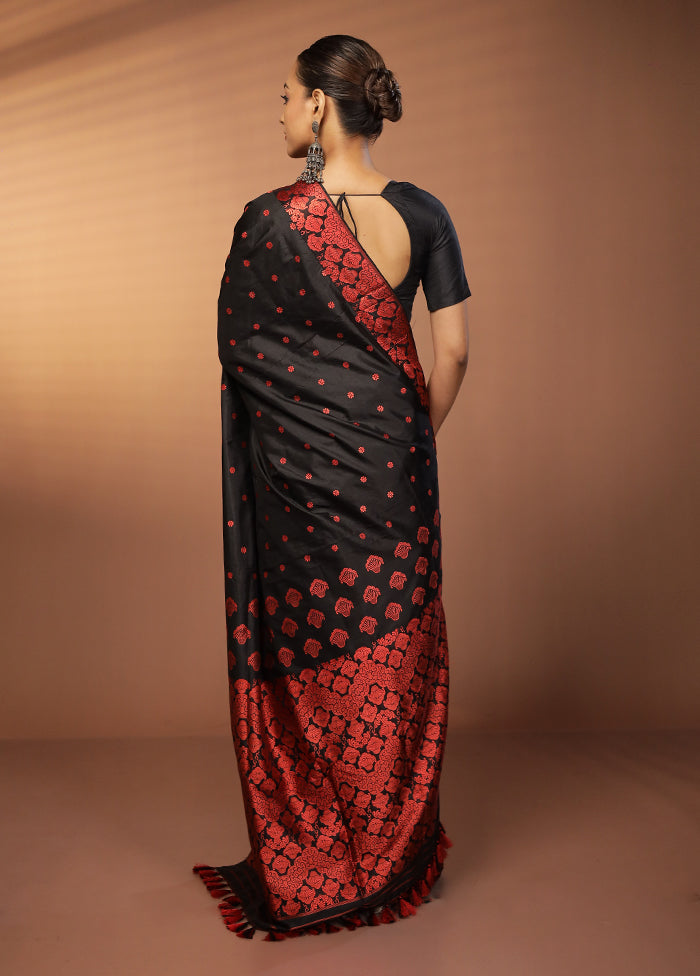 Black Handloom Assam Pure Silk Saree With Blouse Piece