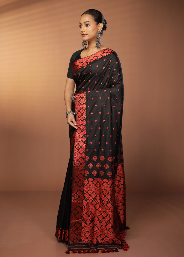 Black Handloom Assam Pure Silk Saree With Blouse Piece