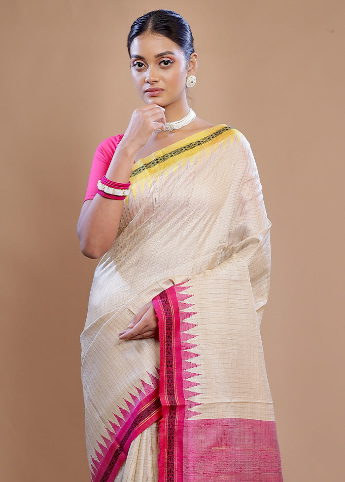 Cream Tussar Pure Silk Saree With Blouse Piece - Indian Silk House Agencies