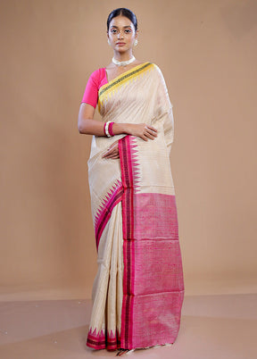 Cream Tussar Pure Silk Saree With Blouse Piece - Indian Silk House Agencies