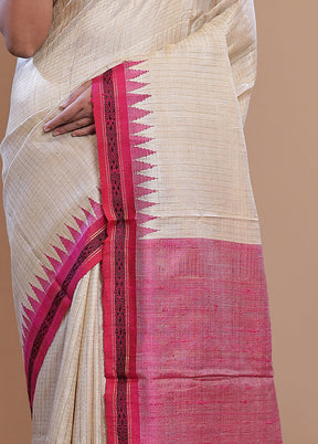 Cream Tussar Pure Silk Saree With Blouse Piece - Indian Silk House Agencies