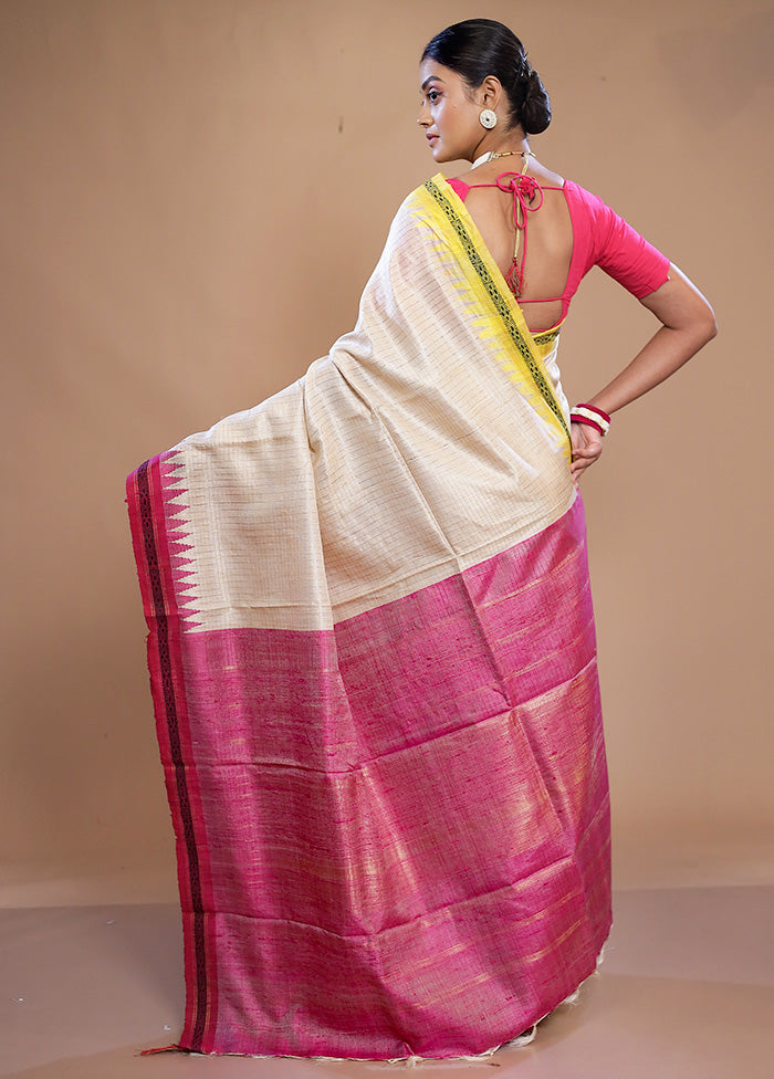 Cream Tussar Pure Silk Saree With Blouse Piece - Indian Silk House Agencies