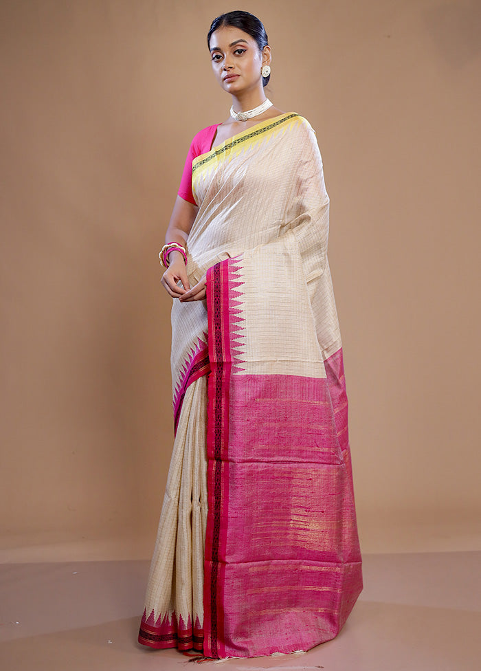 Cream Tussar Pure Silk Saree With Blouse Piece - Indian Silk House Agencies