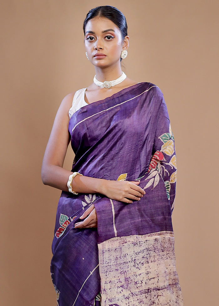 Purple Tussar Silk Saree With Blouse Piece - Indian Silk House Agencies