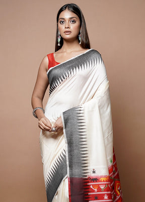 White Dupion Silk Saree With Blouse Piece