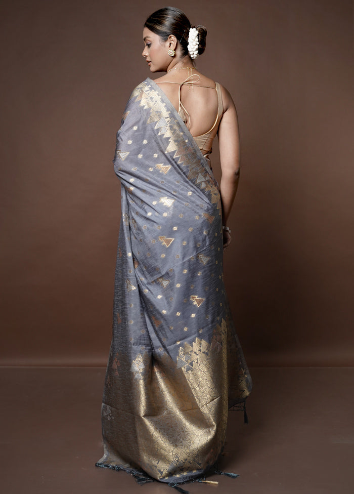 Grey Dupion Silk Saree With Blouse Piece