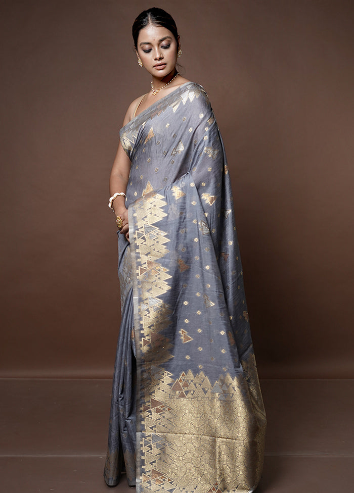 Grey Dupion Silk Saree With Blouse Piece