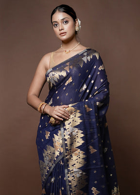 Blue Dupion Silk Saree With Blouse Piece