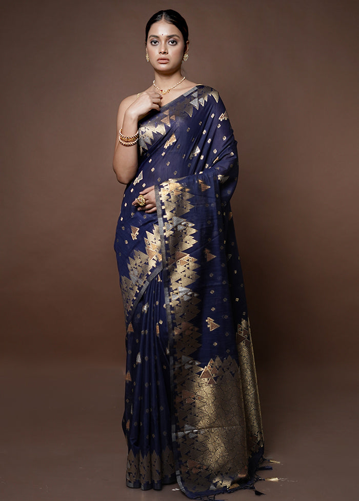 Blue Dupion Silk Saree With Blouse Piece