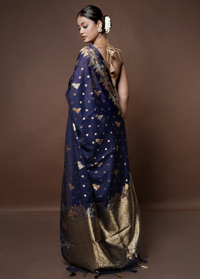 Blue Dupion Silk Saree With Blouse Piece