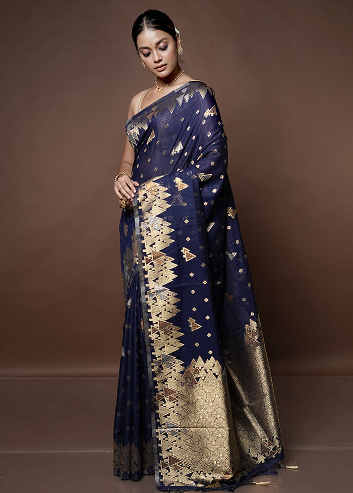 Blue Dupion Silk Saree With Blouse Piece