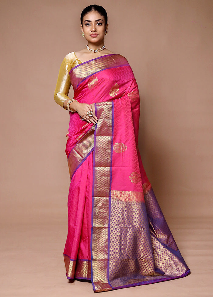 Pink Handloom Kanjivaram Pure Silk Saree With Blouse Piece