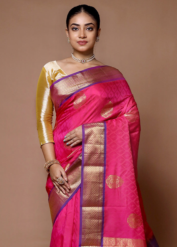 Pink Handloom Kanjivaram Pure Silk Saree With Blouse Piece