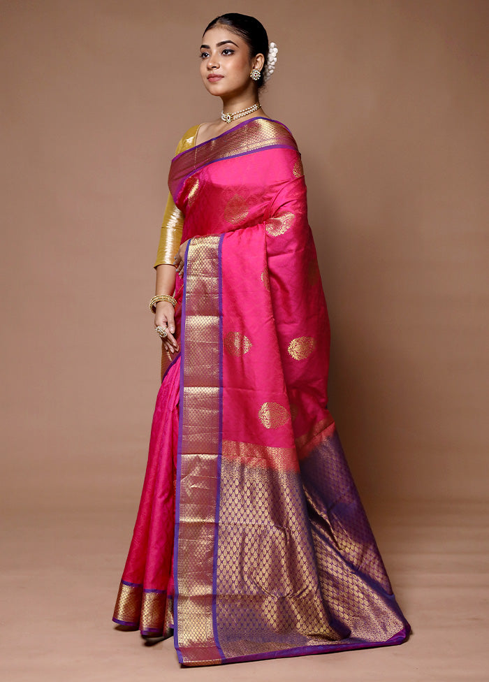 Pink Handloom Kanjivaram Pure Silk Saree With Blouse Piece