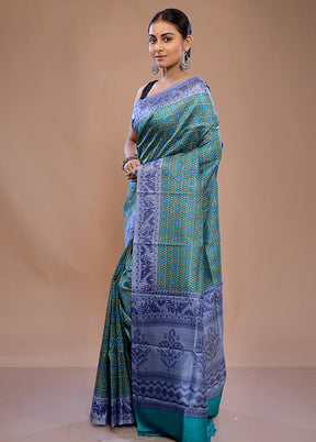 Green Printed Pure Silk Saree With Blouse Piece - Indian Silk House Agencies