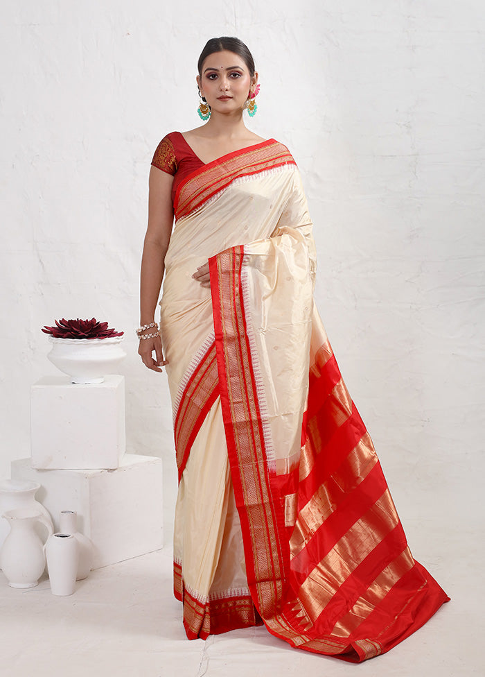 Cream Kanjivaram Pure Silk Saree With Blouse Piece - Indian Silk House Agencies