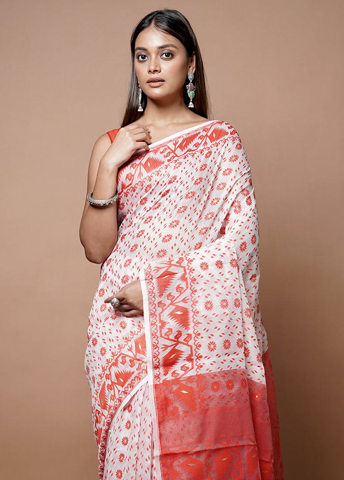 White Jamdani Cotton Saree Without Blouse Piece