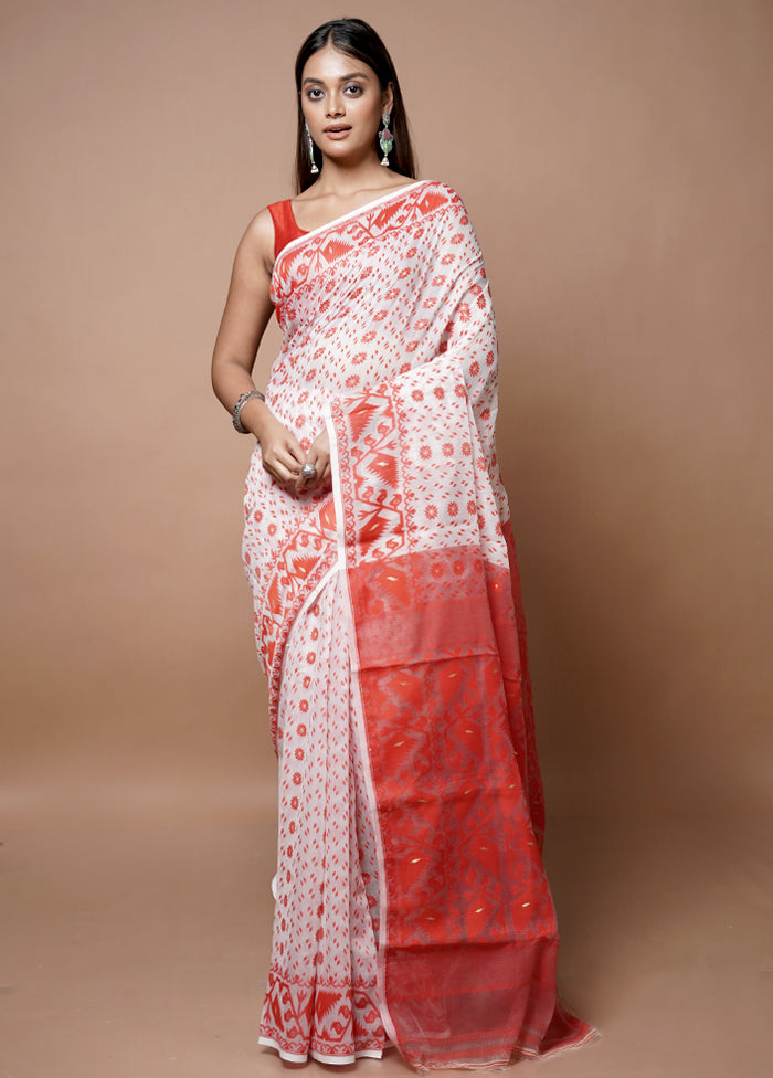 White Jamdani Cotton Saree Without Blouse Piece