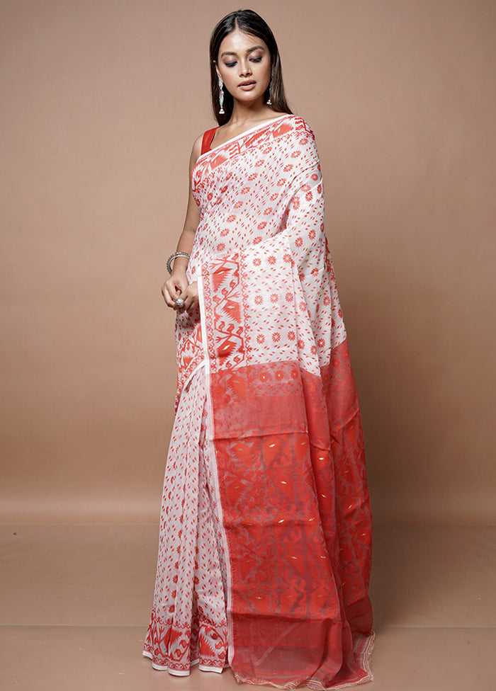 White Jamdani Cotton Saree Without Blouse Piece