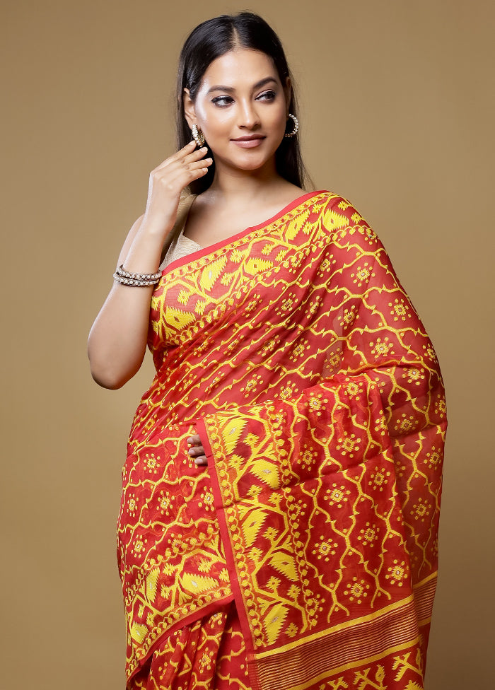 Red Jamdani Cotton Saree Without Blouse Piece