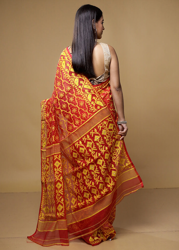 Red Jamdani Cotton Saree Without Blouse Piece