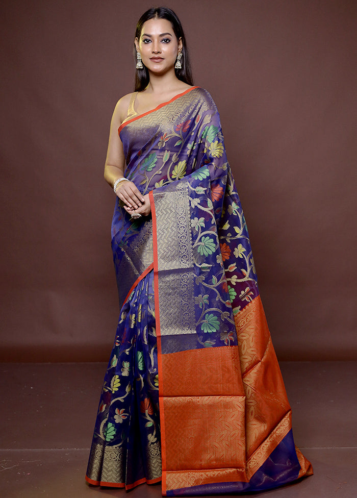 Blue Kora Silk Saree With Blouse Piece