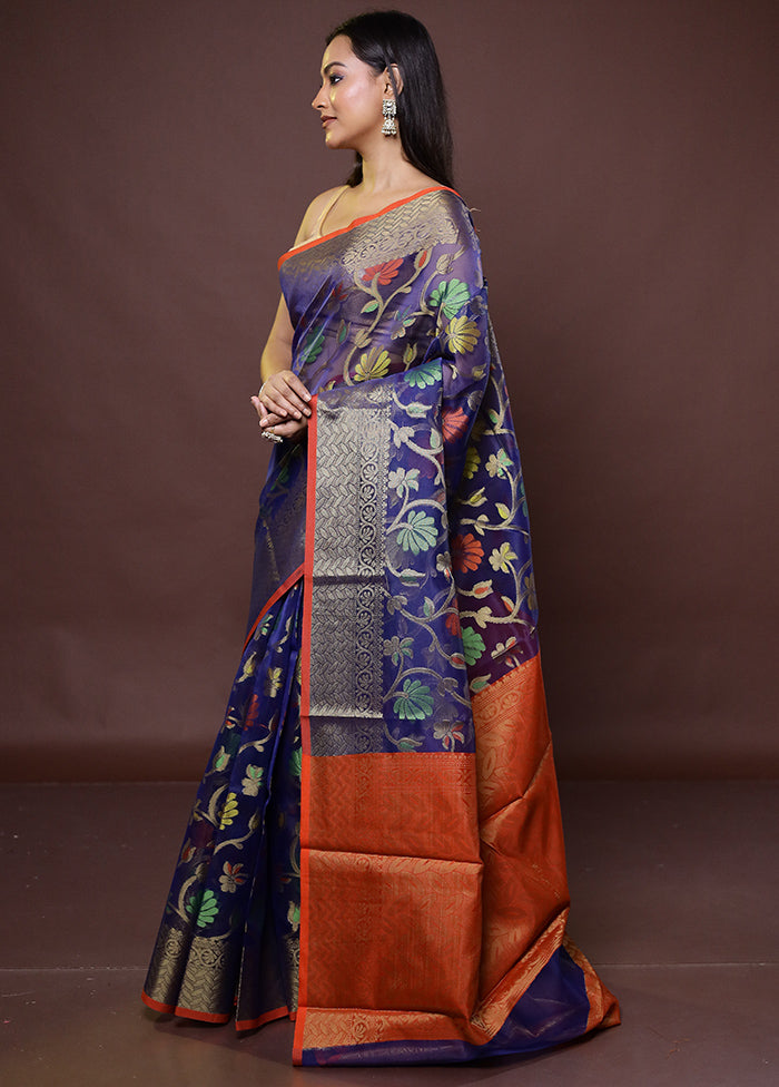 Blue Kora Silk Saree With Blouse Piece