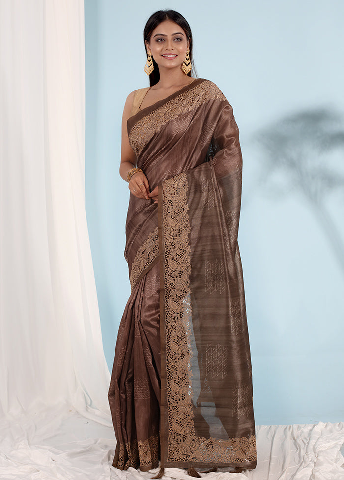 Grey Tussar Silk Saree With Blouse Piece - Indian Silk House Agencies