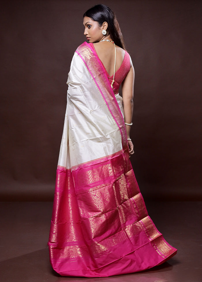 Cream Kanjivaram Silk Saree Without Blouse Piece - Indian Silk House Agencies