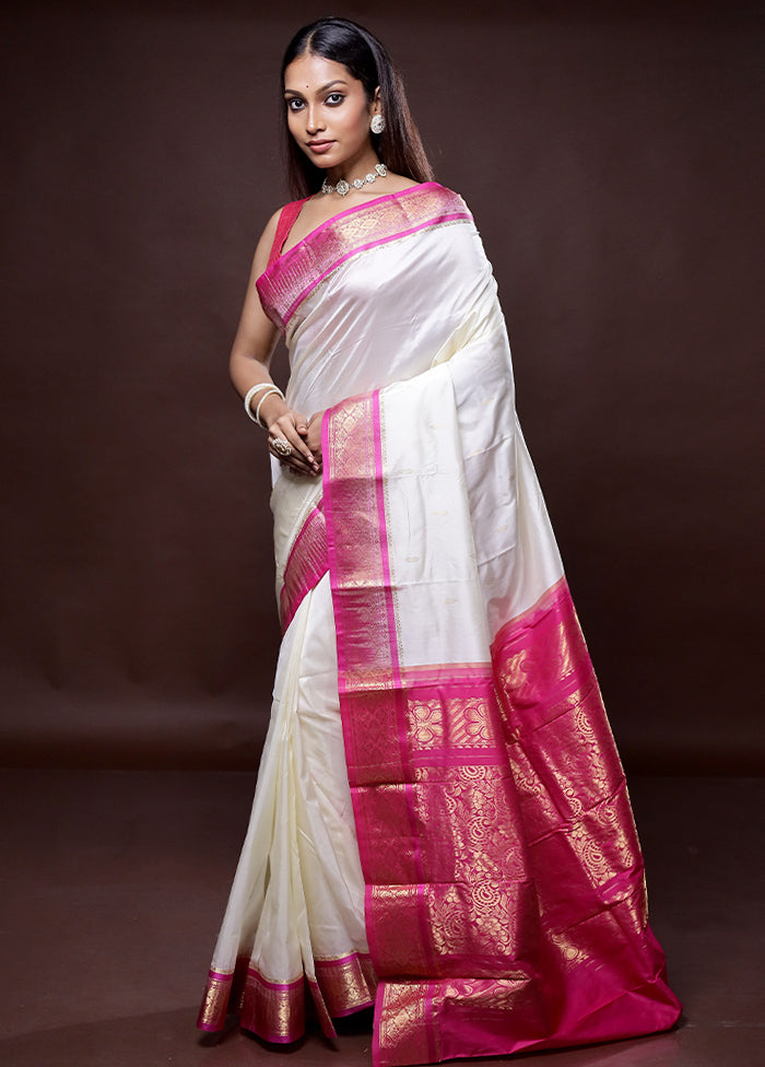 Cream Kanjivaram Silk Saree Without Blouse Piece - Indian Silk House Agencies