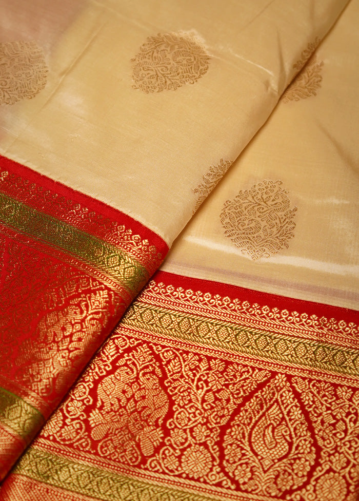 Cream Kanjivaram Silk Saree Without Blouse Piece - Indian Silk House Agencies