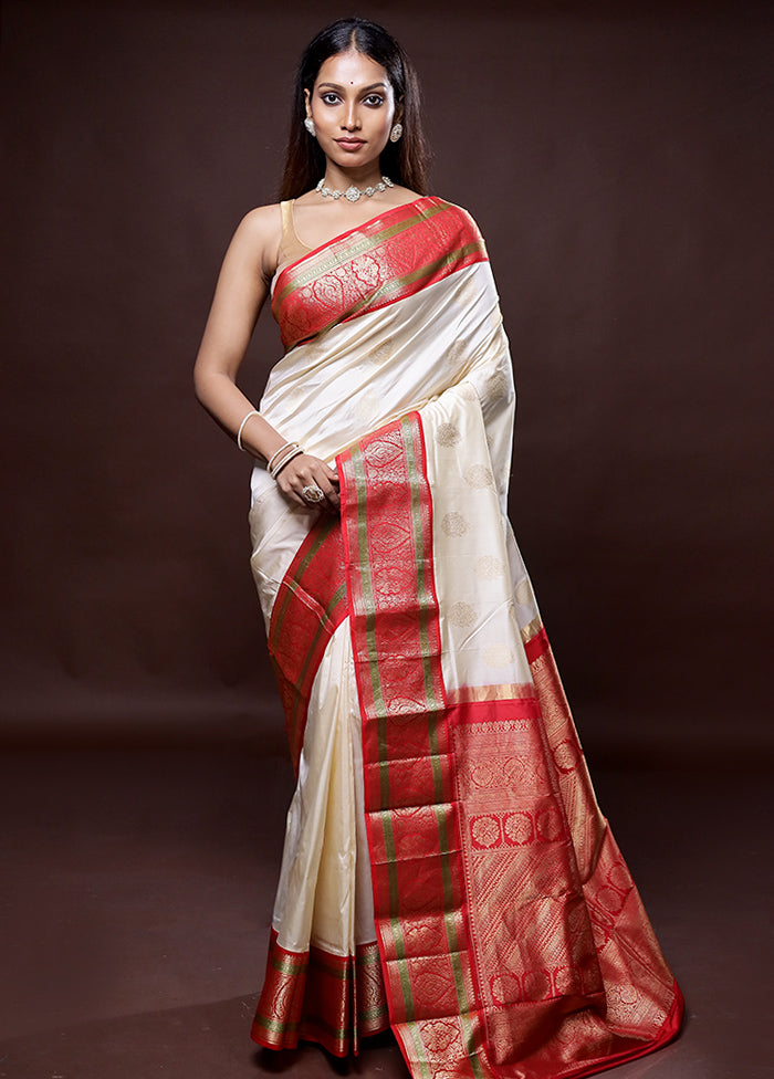 Cream Kanjivaram Silk Saree Without Blouse Piece - Indian Silk House Agencies