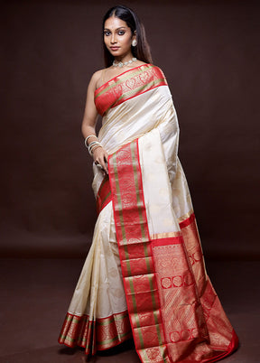 Cream Kanjivaram Silk Saree Without Blouse Piece - Indian Silk House Agencies