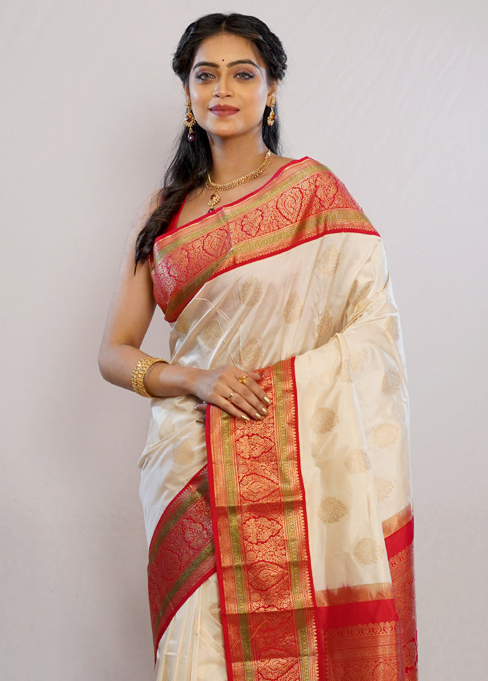 Cream Kanjivaram Silk Saree With Blouse Piece - Indian Silk House Agencies