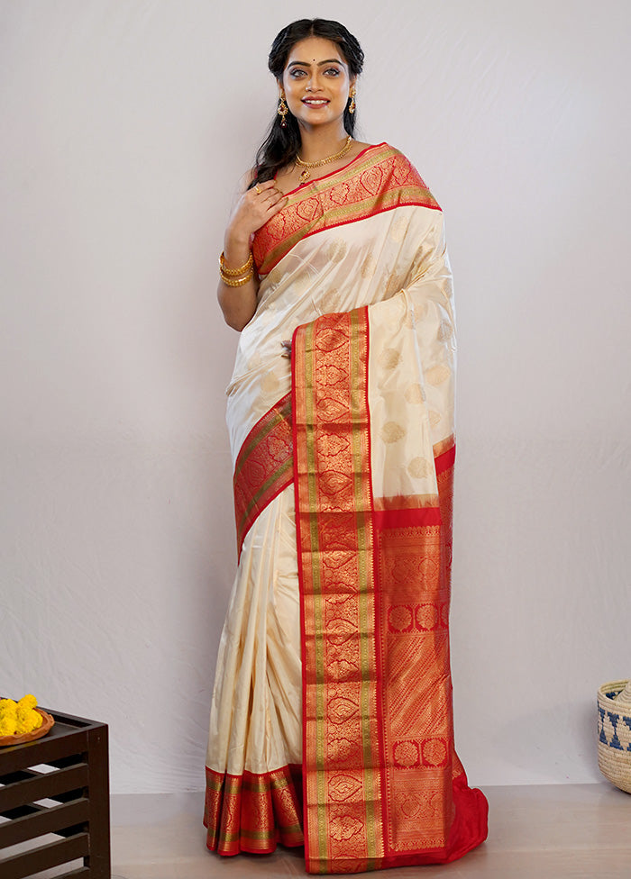 Cream Kanjivaram Silk Saree With Blouse Piece - Indian Silk House Agencies