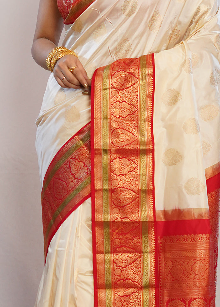 Cream Kanjivaram Silk Saree With Blouse Piece - Indian Silk House Agencies