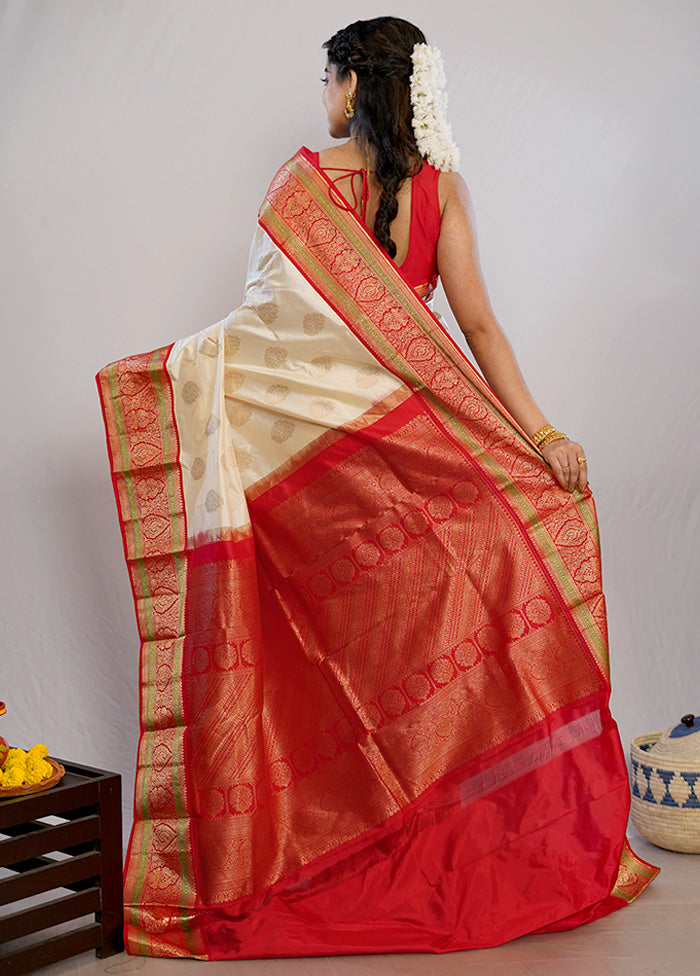 Cream Kanjivaram Silk Saree With Blouse Piece - Indian Silk House Agencies